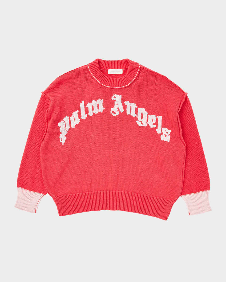 Girl's Curved Logo Intarsia Sweater, Size 4-12